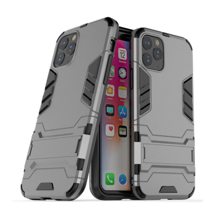 HATOLY iPhone 11 Pro Max - Robotic Armor Case Cover Cas TPU Hoesje Grijs + Kickstand