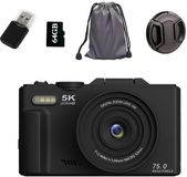 Merkloos / Sans marque Digitale camera 5K 75MP fotocamera en vlogcamera met wifi, 64GB geheugenkaart, 18x zoom, 3,0" LCD 180° compactcamera fotocamera voor op reis, beginners en volwassenen (zwart)