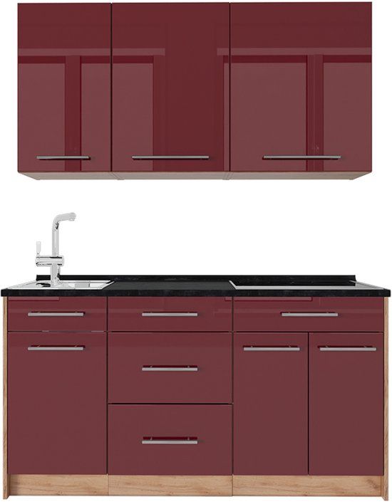 Vicco Eenpersoonskeuken Fame-Line, Bordeauxrode hoogglans/Goudkleurig Eiken, 150 cm, WB Antraciet