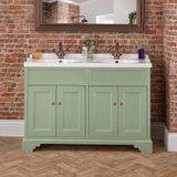 Hudson Reed Thornton Meuble de salle de bain – Vert pastel – 121 cm – Double vasque - Poignées rondes bronze huilé