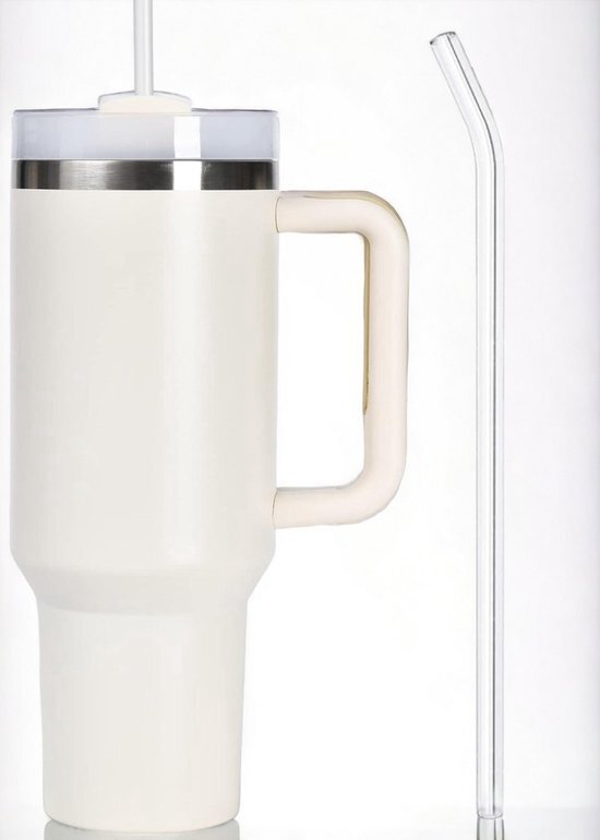 Klikkopers® - Tumbler Wit- 1.2 Liter - Drinkfles Met Rietje Volwassenen - Drinkbeker Met Rietje Volwassenen - Drinkflessen - Waterfles Met Rietje - Thermosbeker Koffie - RVS fles - Thermosbeker To Go - Travel Mug - Thermoskan