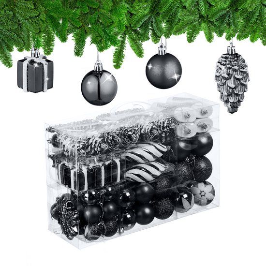 Relaxdays kerstballen set van 72, kunststof, zwart