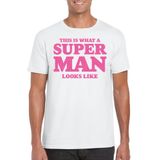 Bellatio Decorations Verkleed shirt voor heren - super man - wit - glitter roze - themafeest - Vaderdag XXL