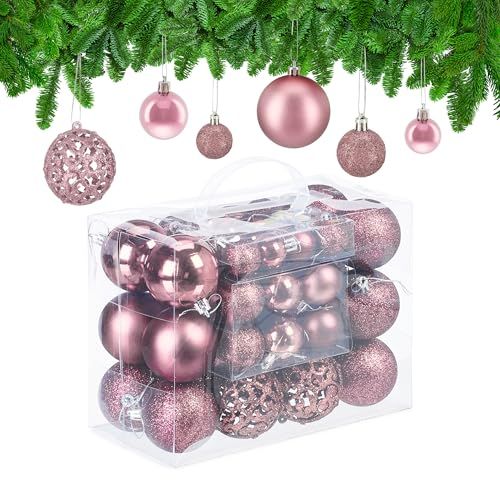Relaxdays Kerstballenset van 50, glinsterende, matte en glanzende ornamenten, kunststof kerstballen, Ø: 3, 4 & 6 cm, roze