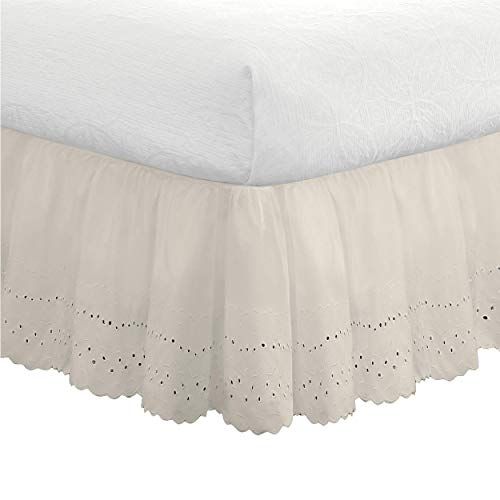 FRESH IDEAS Oogje Bed Rok Stof Ruche Geborduurde Details, Klassieke 14 inch drop lengte Verzamelde Styling, King, Ivoor