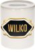 Spaarpot Wilko - wit - met goud/zwart embleem - 8 x 9 cm - keramiek - met afsluitdop - cadeau verjaardag