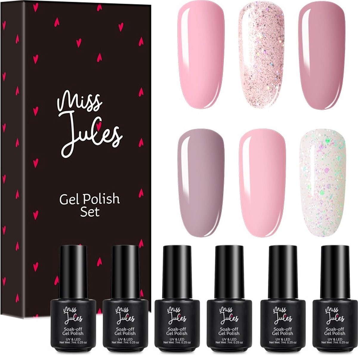 Miss Jules Miss Jules® 6-Delige Gellak Nagellak Set - Kleur Roze- Glitter - Glanzend & Dekkend resultaat