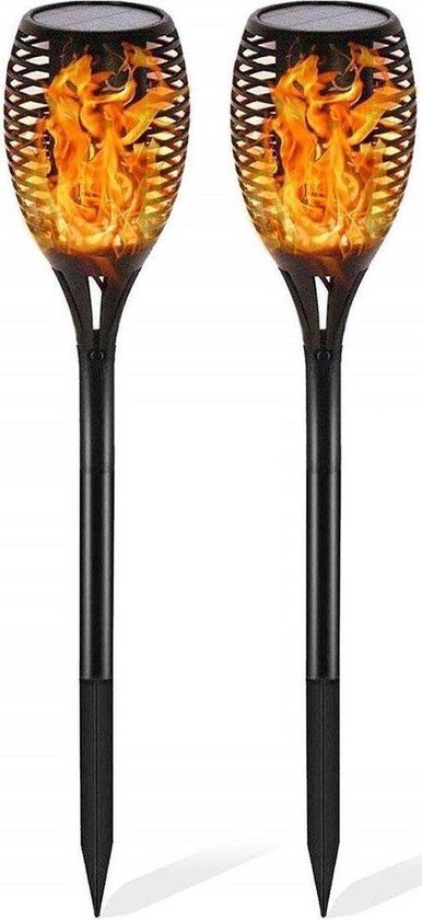 BES LED Solar Fakkel Tuinverlichting - Set van 2 - Zwart - Kunststof - 2200K - IP54