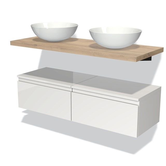 Maxaro Badkamermeubel Modulo Plato 120 cm Hoogglans Wit 2 Lades Greeploos Lichtbruin Eiken Blad