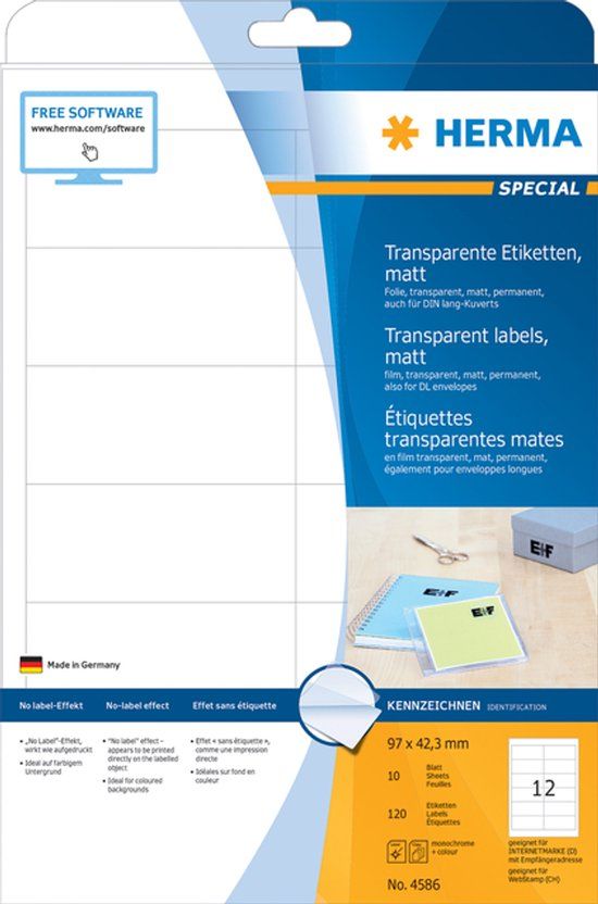 Herma 4586 weerbestendige folieetiketten A4 transparant, 32 stuks (97 x 42,3 mm, 320 vellen, polyesterfolie, mat), bedrukbaar, permanent hechtend, 3.840 printeretiketten