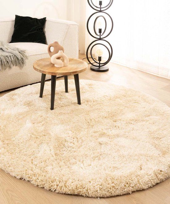 Tapeso Rond shaggy vloerkleed - Meadow ivoor 100 cm rond