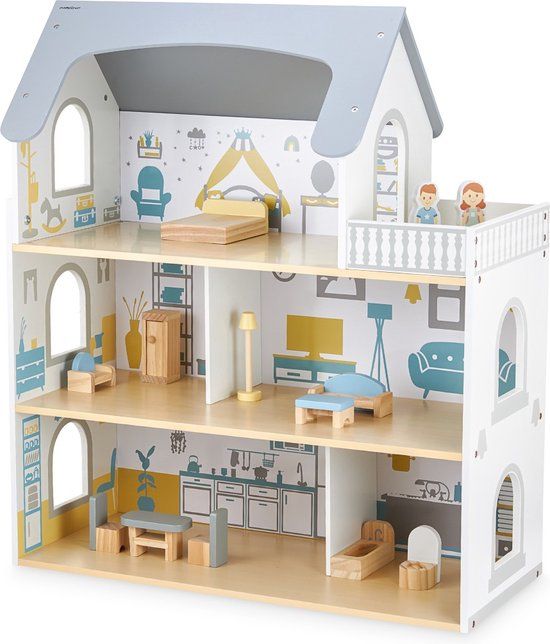 Mamabrum Houten Poppenhuis met Terras en Accessoires, 3 Niveaus, 5 Kamers, Meubilair, Poppenspeelgoedset, 70 cm, Wit