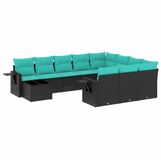 vidaXL 11-delige tuinbankset met kussens, zwart polyrotan