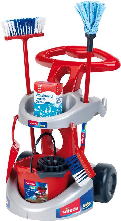 Klein Toys Vileda Cleaning Cart - Mop, Broom & Accessories - Red/Blue