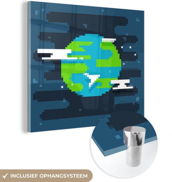 MuchoWow® Glass Painting 90x90 cm - Acrylic Glass Painting - Pixelated Globe Illustration - Photo on Glass - Paintings