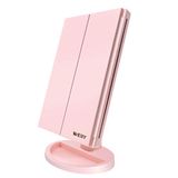 WEILY Verlichte make-upspiegel 1 x / 2 x / 3 x vergroting driebladig met 36 LED-lampjes touchscreen en USB-oplaadbaar, 180 graden verstelbare standaard voor aanrecht cosmetische make-upspiegel (roze)