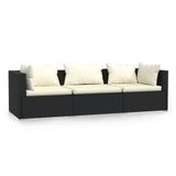 VidaXL Driezitsbank met kussens poly rattan zwart