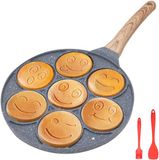 Bol Poêle à crêpes 7 trous - Poêle à œufs Smiley - Préparation du petit-déjeuner - Revêtement antiadhésif - 26 cm - Noir