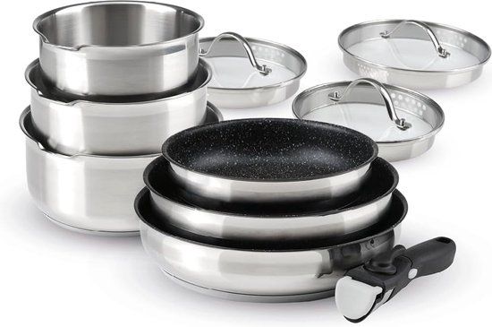 QDesign Pannenset - 3 RVS sauspannen + 3 braadpannen met anti-aanbaklaag - Zilver/Zwart/Transparant