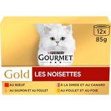 GOURMET Goud, kat, hazelnoten, taps toelopend in saus, rundvlees, kip-lever, kalkoeneend, zalm-kip, 12 x 85 g, 8 stuks, doos