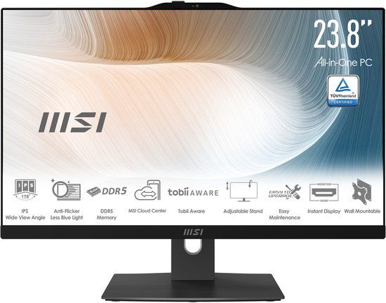 MSI Modern AM242TP 1M-1230EU Intel Core i3 100U 23.8" 1920 x 1080 Touchscreen All-in-One PC 8GB DDR5 256GB SSD Windows 11 Pro Wi-Fi 6E Zwart