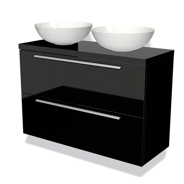 Maxaro Badkamermeubel voor Waskom 100cm Modulo Plato Slim Hoogglans Zwart 2 Lades Vlak