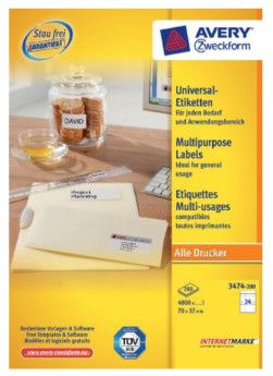 Avery 3474-200 - Witte etiketten - 70 x 37 mm - 4800 stuks