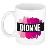 Bellatio Decorations Dionne naam cadeau koffie mok - beker - met roze verfstrepen - Cadeau collega - moederdag - verjaardag - juf - coach - 300 ml - wit