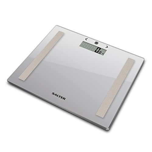 Salter 9113 SV3R Compact Glass Analyser Scale, 150 KG Maximum Capacity, 8 User Memory, Slim Design for Neat Storage, Athlete Mode, Measures Weight, Body Fat/Water and BMI, Carpet Feet, Silver