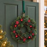 Couronne de porte décorée - D34 x 9 cm - rouge - avec cintre de porte vert - couronne de Noël