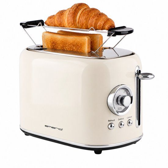 Emerio Retro Broodrooster - 800W Toaster - 2 Sleuven - Broodjeswarmer - 7 Temperatuur instellingen - Kruimellade - TO-133281.1 Creme