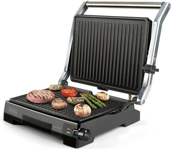 BLACK+DECKER BXGR2200E Grill - 2200W Contactgrill en Grillplaat - Kanteldeksel met 6 Standen - 180° Openklapbaar - 29x23 cm Antiaanbakplaat - PFOA-vrij - RVS Behuizing