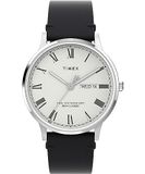 Timex Waterbury 40 mm herenhorloge - zwart lederen tweedelige band met snelsluiting, witte wijzerplaat, roestvrijstalen kast, TW2W15000