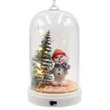 Dekohelden24 Boomophanger-bel met sneeuwpop en verlichte dennenboom, sneeuwkind met muts en sjaal in oranje en grijs, L/B/H 6 x 6 x 11 cm, 11 cm