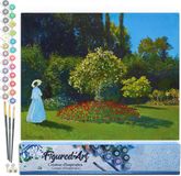 Figured'Art Peinture par Numéro Adultes toile Femme en blanc dans le jardin - Monet - Kit de peinture acrylique DIY Complet - 40x50cm sans cadre