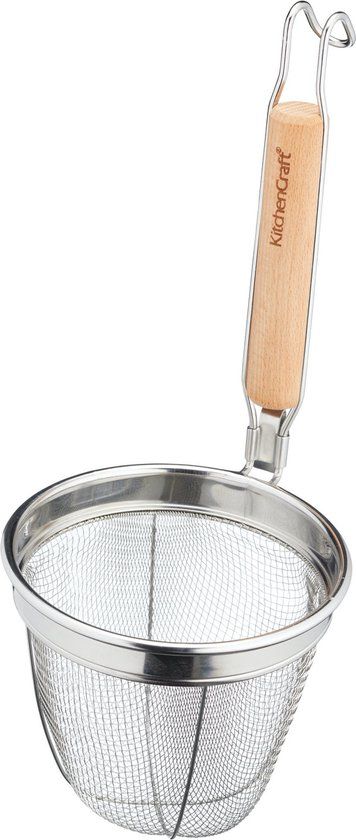 KitchenCraft World of Flavours Kleine Zeef met Handvat - Roestvrij Staal/Eucalyptushout 14 x 16 x 34 Centimeter