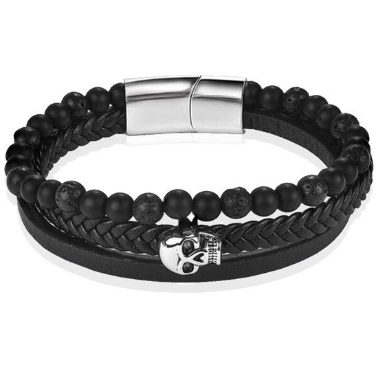 Memphis Heren armband Agaat Skull Gevlochten Leer Zwart-20.5cm