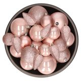 Decoris Boules de Noël et pommes de pin - 32x pièces - rose clair - plastique - 6, 8 et 10 cm