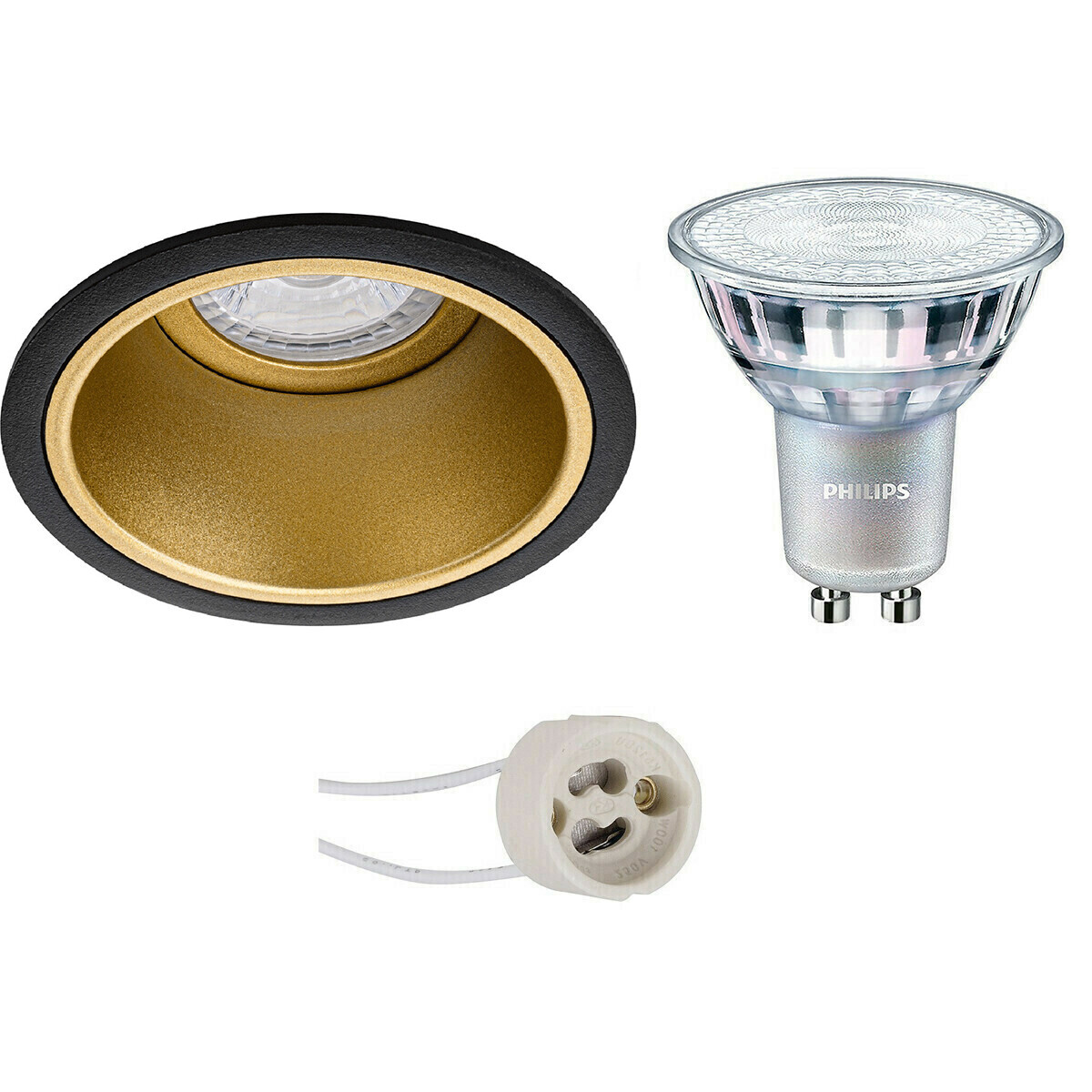 BES LED LED Spot Set - Pragmi Minko Pro - GU10 Fitting - Inbouw Rond - Mat Zwart/Goud - Verdiept - Ø90mm - Philips - MASTER 927 36D VLE - 4.9W - Warm Wit 2200K-2700K - DimTone Dimbaar