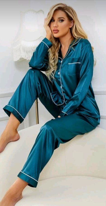 Merkloos / Sans marque Satijn Dames Pyjama Set - Petrolblauw - Hartjes - Maat S