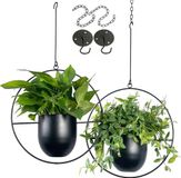 Merkloos Hangende metalen bloempot, hangende plantenbakken voor binnen- en buitenplanten, met metalen haken, hangende plantenhanger voor woondecoratie, hangende bloempot zwart (2 stuks)