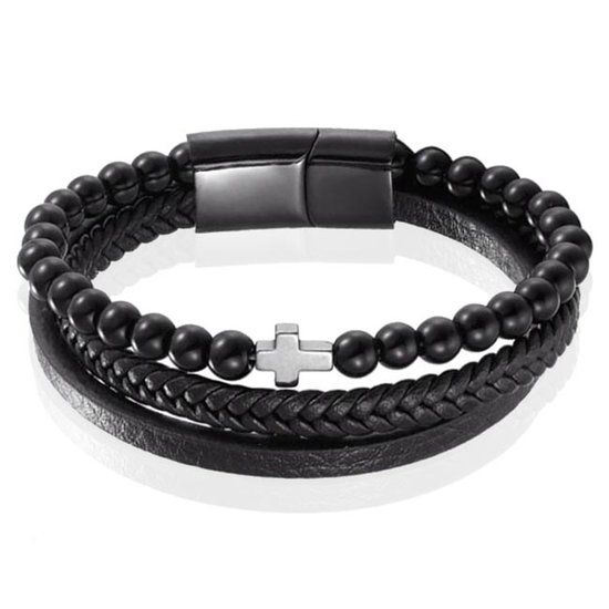 Memphis Heren armband Memphis Agaat kraal gevlochten leer Kruis Zwart - 21cm