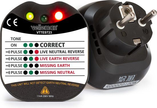 Velleman Stopcontactspannings- en aardingstester, met led en zoemer, CAT II, 230 V