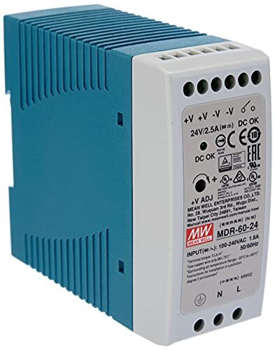 - DIN-rail voeding 60W 24V 2,5A; MeanWell, MDR-60-24; DIN-rail voeding