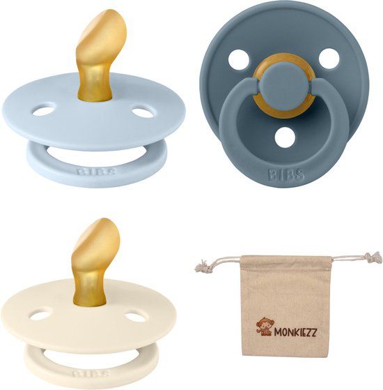 Bibs Dental Fopspenen Anatomical 6-18 maanden - Set 3 stuks - Baby Blue, Petrol, Ivory + Monkiezz speenzakje