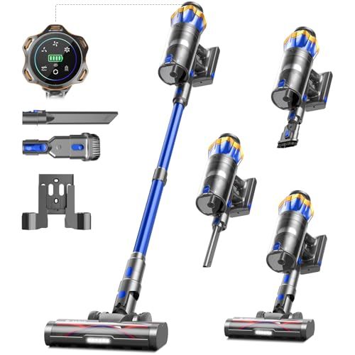 Stofzuiger Draadloos 45KPa/550W/65Min, Anti-Tangle Steelstofzuiger Draadloos met LED Display, 1.6L/8 Fasen Gefilterd, Oplaadbaar Aan De Wand, Voor Huisdieren/Vloeren/Carpets/Auto