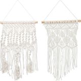 Merkloos Relaxdays macramé wandkleed set - 2 stuks - handgeweven - boho - katoen - hout - crème