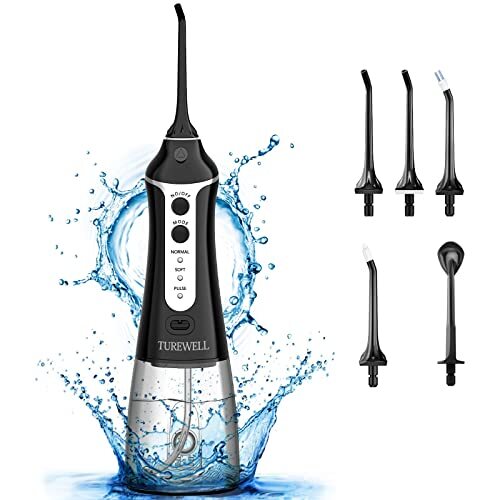 TUREWELL Elektrische interdentale reiniger met 3 modi en 5 sproeiers, IPX7 waterdicht, 300 ml, draadloze monddouche, draagbare oplaadbare waterflosser voor familie en reizen