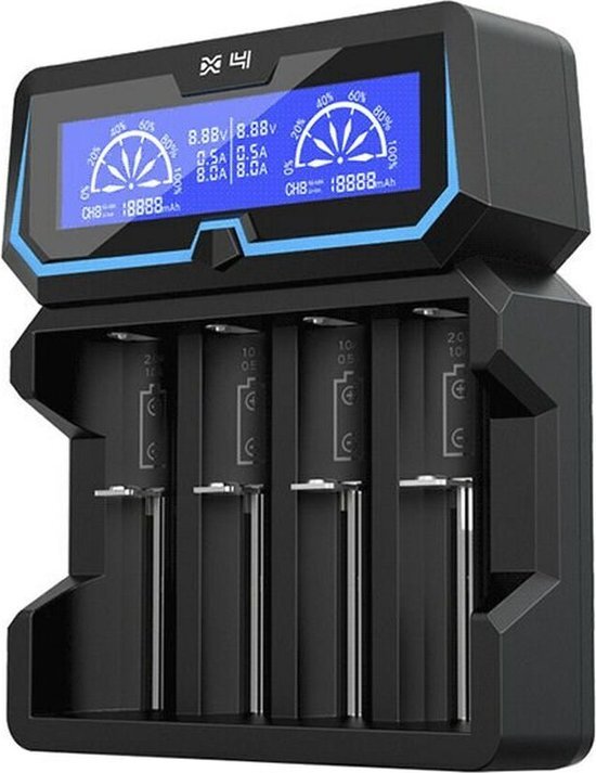 Xtar 18650 Acculader X4 2A snel AC-vermogen batterijlader 2 ingangen LCD-scherm met Power Bank-functie voor 3,6 V/3,7 V 14500 16340 18650 20700 21700 26650 1,2 V AAAA AA A SC C