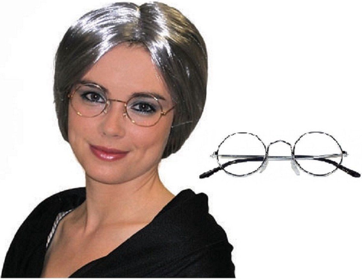 Funny Fashion - Oma Sarah verkleed set pruik en bril - 50 jaar pop - synthetisch